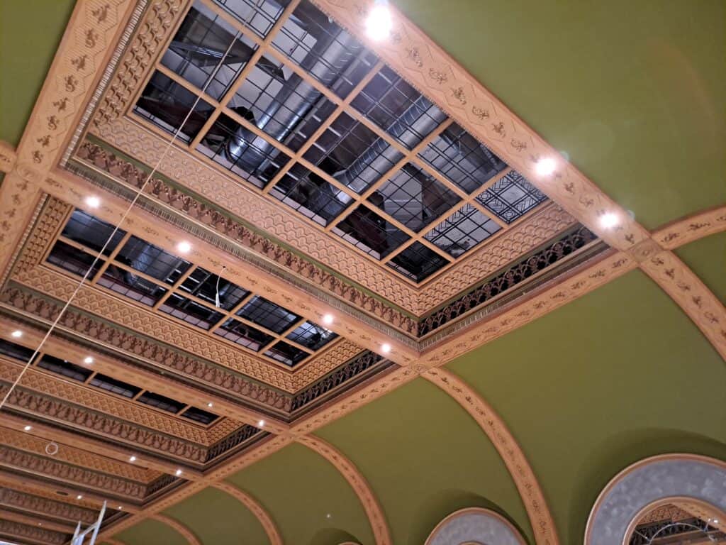 Gilberts diffusers are conceleaedu behind the elaborate ceiling at Bradford Live