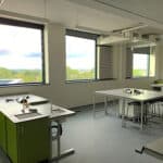 View of inside a science classroom with Gilberts' MFS-HR connected to the window and ceiling
